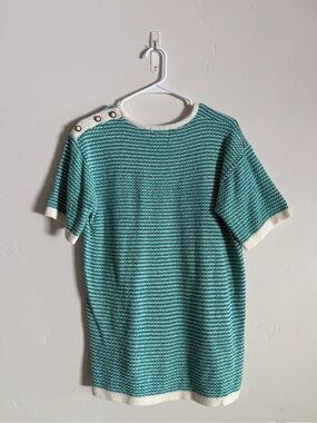 Striped Teal and White Knit Top with Shoulder Buttons
